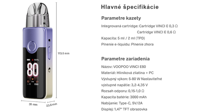 hlavné špecifikácie prístroja VooPoo argus E80